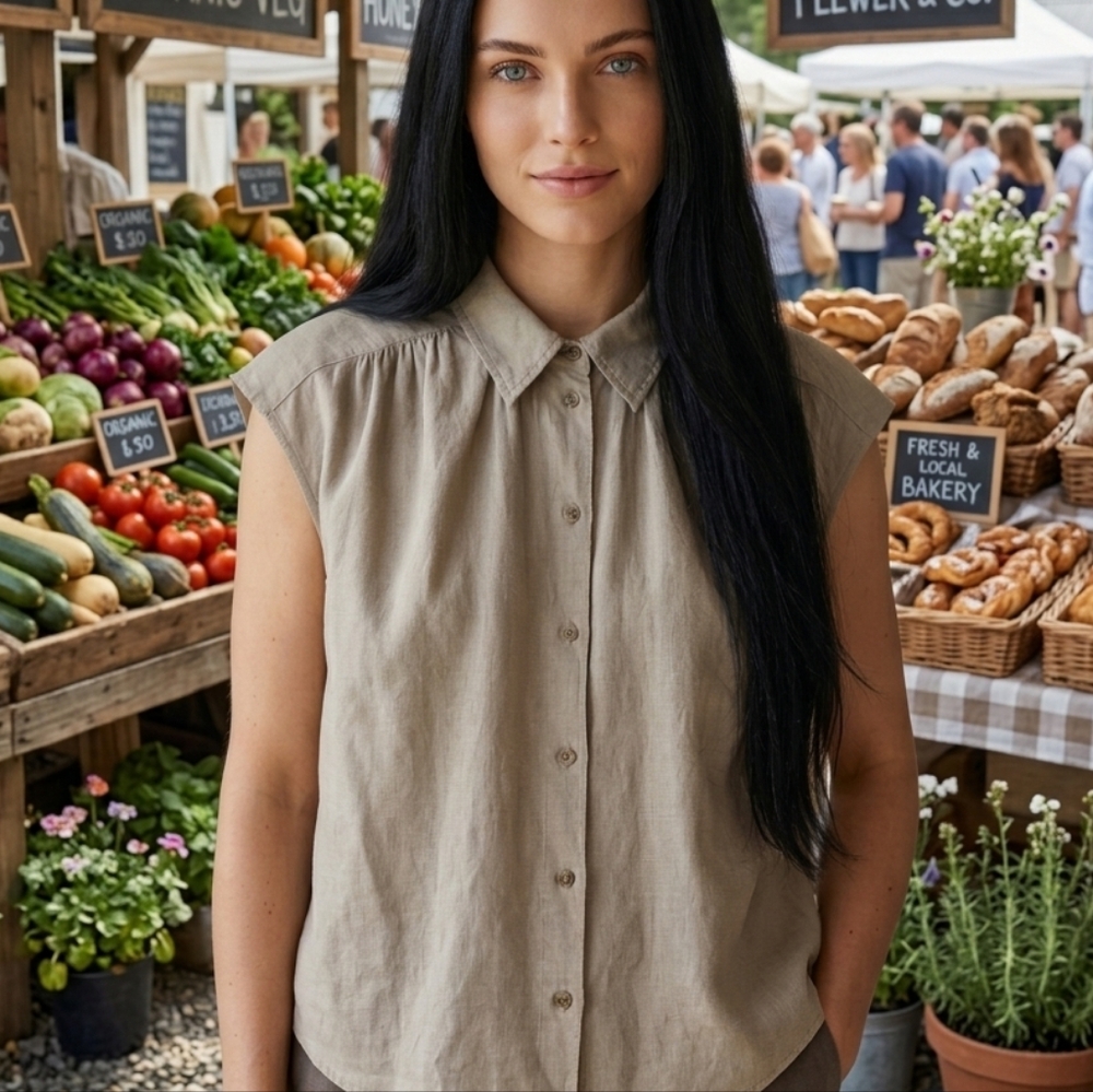 H&M Linen Blend Greige Sleeveless Button Down Shirt XS Coastal Grandma - Picture 4 of 13
